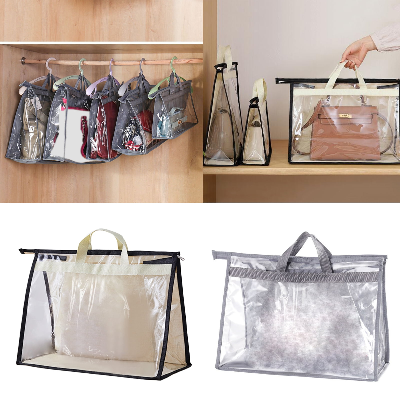 Amazon.com: 24 Pack Clear Handbag Storage Organizers with 25 Stainless  Steel S Shape Hooks Beige Dust Cover Bags Damp Proof Purse Storage Bags  with Zippers and Handles for Closet Hanging Storage, 3