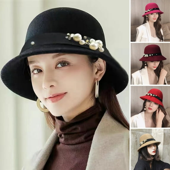 Bobasndm Dress Hats for Women Church,Panama Hat with Pearl design,Top Hat British Style Faux Pearl Decor Down Brim Sunshading Round Top Decorate Retro Vintage Women Cloche Hat for Church