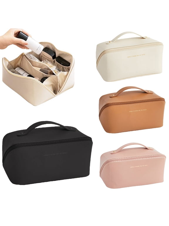Large Capacity Travel Cosmetic Bag, Leather Makeup Bag, Waterproof Portable Cosmetic Bag, Toiletry Bag, Travel Cosmetic Organizer Bag with Handle and Divider