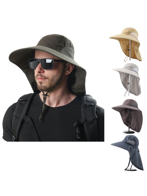 Mens Wide Brim Sun Hat with Neck Flap Fishing Safari Cap for Hiking Camping Gardening Field Work