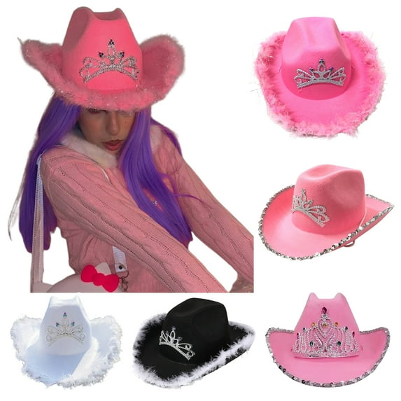 Bobasndm Western Style Cowgirl Hats For Women Girl Rolled Fedora Caps Feather Brim Beach Cowboy Hat Sequin Western Party Cap