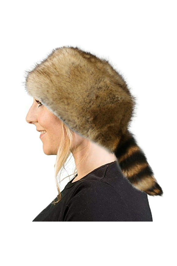 Women Faux Fur Davy Crockett Hat-Davy Crockett Costume-Fluffy Fake Coonskin Hat for Children-Plush Light Brown Fake Raccoon Tail Cap