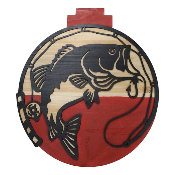 Bobber Shaped MDF Wood Fishing Line Rod Hook and Fish Wall Decor Plaque 14.75"H