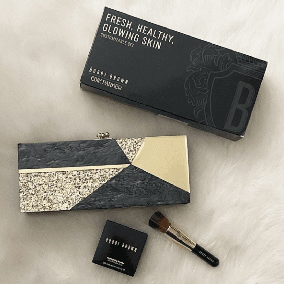 Bobbi Brown Edie Parker Customizable Set- Limited Edition Highlighting Powder, Full Coverage Face Brush, and Clutch Case