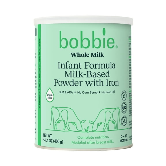 Bobbie Whole Milk Infant Formula for Everyday Feeding, Milk-Based Powder with 1.2mg Iron, Organic Grass-Fed Whole Milk Recipe, 14.1 oz Can