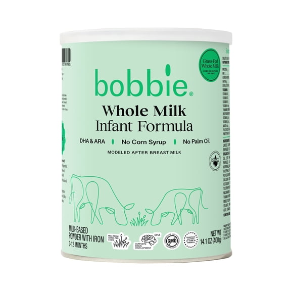 Bobbie Whole Milk Infant Formula for Everyday Feeding, Milk-Based Powder with 1.2mg Iron, Organic Grass-Fed Whole Milk Recipe, 14.1 oz Can