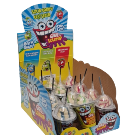 Bobbo gel lollipop sour candy; blue raspberry, green apple, strawberry; 12x45-gram plastic toy