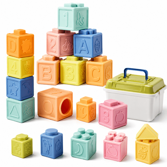 Bobby.Duck 23PCS Montessori Soft Building Blocks & Teething Ball Set, Baby Sensory Learning Toy for Babies 6-12 Months, Stackable Educational Activity Set for Infants and Toddlers