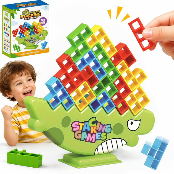 Bobby.Duck Dinosaur Balance Stacking Game, 64PCS Tower Stack Attack Building Blocks Board Game, Balancing Toy for Kids Teens Adults, Family Party Team Game for 2+ Players