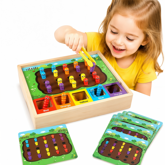 Bobby.Duck Fine Motor Skills Activity Set, Wooden Color Sorting and Matching Game with Worm Fishing Toy, Montessori Preschool Learning Activity for Boys Girls Ages 3+