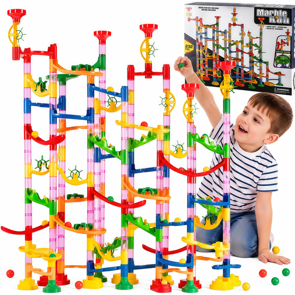 Bobby.Duck Marble Run Toy, 232PCS Educational Marble Maze Building Block Set with Marbles, STEM Construction Learning Toy, Ball Track Race Building Set, Engineering Gift for Kids Boys Girls