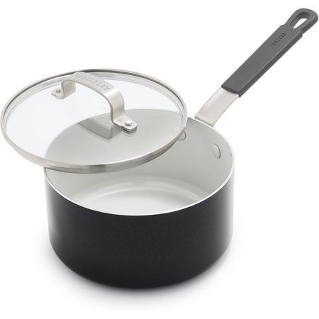 Bobby Flay 2.53QT Saucepan with Glass Lid, Professional Grade Aluminum, PFAS & PFOA-Free Ceramic Nonstick, Induction Suitable, Stay-Cool Silicone Handle, Dishwasher & Oven Safe, Cream