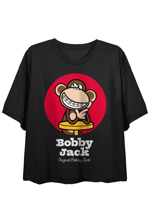 Bobby Jack Smiling Monkey With Braces Women's Black Crew Neck Short Sleeve Crop Top-Small
