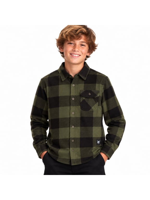 Boys Long Sleeve Button Down Shirt Collared Micro Polar Plaid Dress Shirt Sizes 8-18