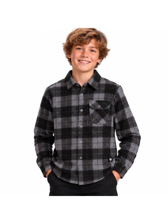 Boys Long Sleeve Button Down Shirt Collared Micro Polar Plaid Dress Shirt Sizes 8-18