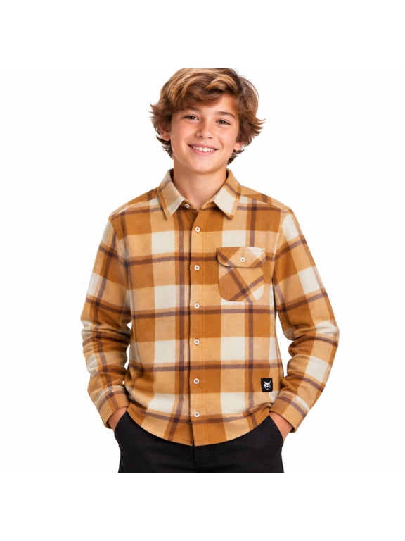 Boys Long Sleeve Button Down Shirt Collared Micro Polar Plaid Dress Shirt Sizes 8-18