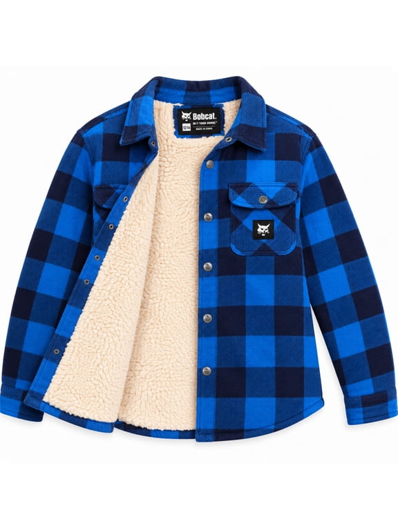 Boys Sherpa Lined Flannel Plaid Shacket, Button Down Long Sleeve Shirt, Sizes 8-18
