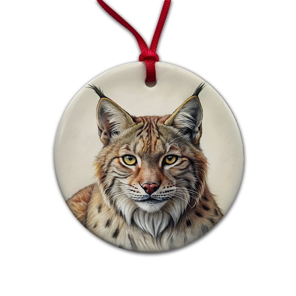 Bobcat Face Illustration Christmas Tree Holiday Round Ceramic Ornament