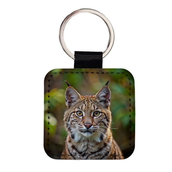 Bobcat Face Photo Faux Leather Square Keychain