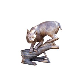 Nifao Bobcat Going Down a Tree Log Bronze Statue Home Decor Sculpture, 43"L x 25"W x 41"H