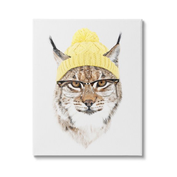 Bobcat Hipster Beanie Wildlife Animals & Insects Graphic Art Gallery Wrapped Canvas Print Wall Art