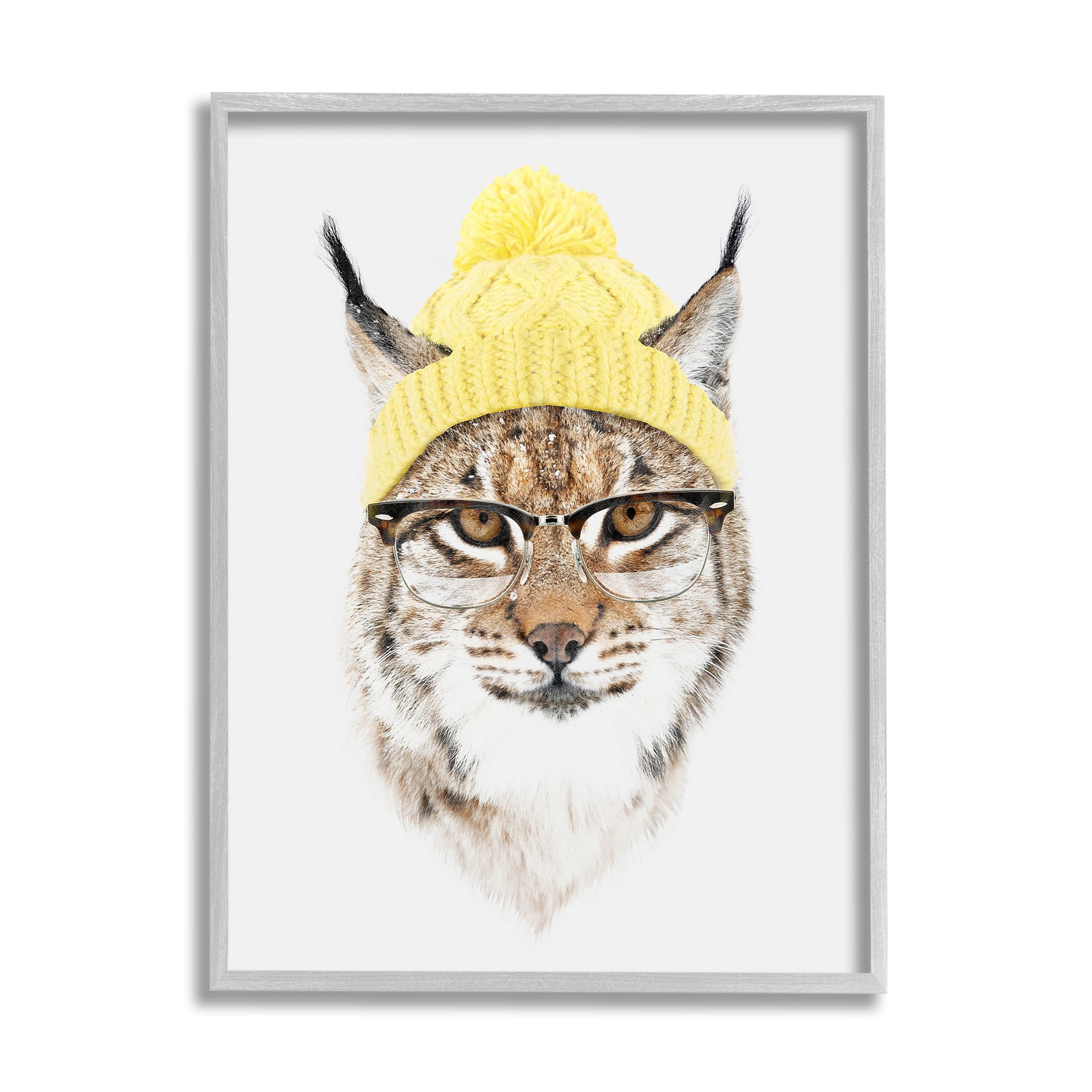 Bobcat Hipster Beanie Wildlife Animals & Insects Graphic Art Gray Framed Art Print Wall Art
