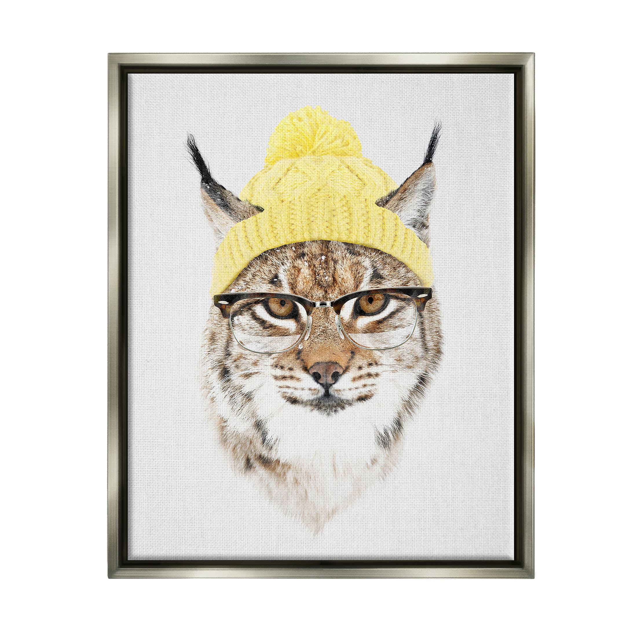 Bobcat Hipster Beanie Wildlife Animals & Insects Graphic Art Luster Gray Framed Art Print Wall Art