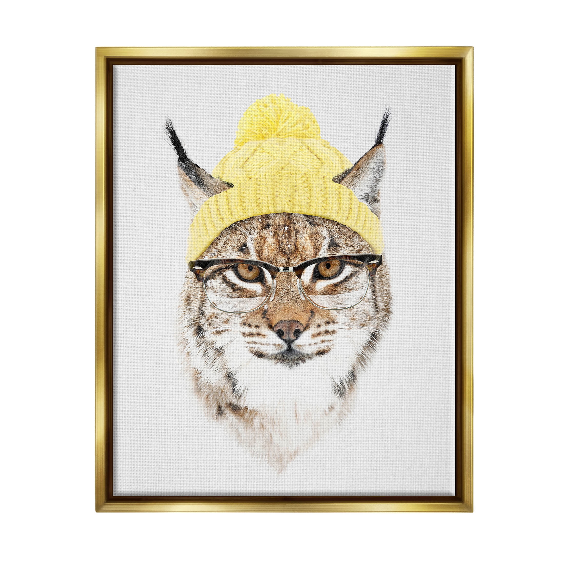 Bobcat Hipster Beanie Wildlife Animals & Insects Graphic Art Metallic Gold Framed Art Print Wall Art