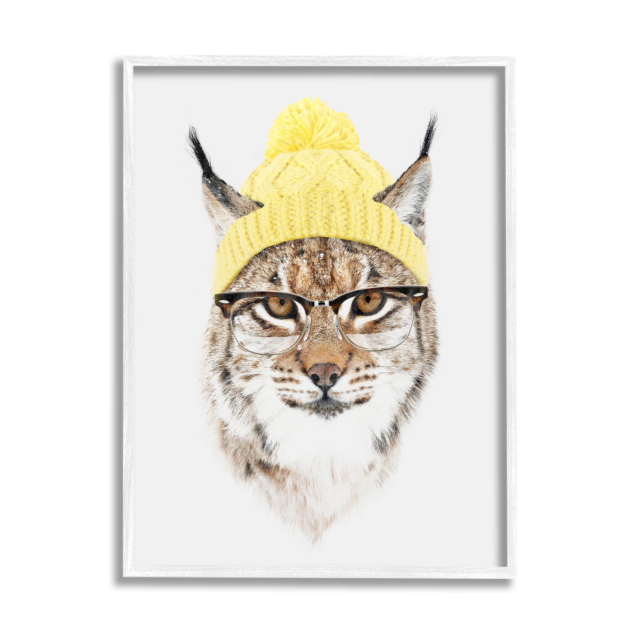 Bobcat Hipster Beanie Wildlife Animals & Insects Graphic Art White Framed Art Print Wall Art