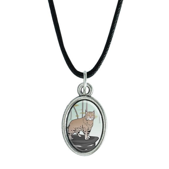 Bobcat Lynx Cat Antiqued Oval Charm Pendant with Black Satin Cord