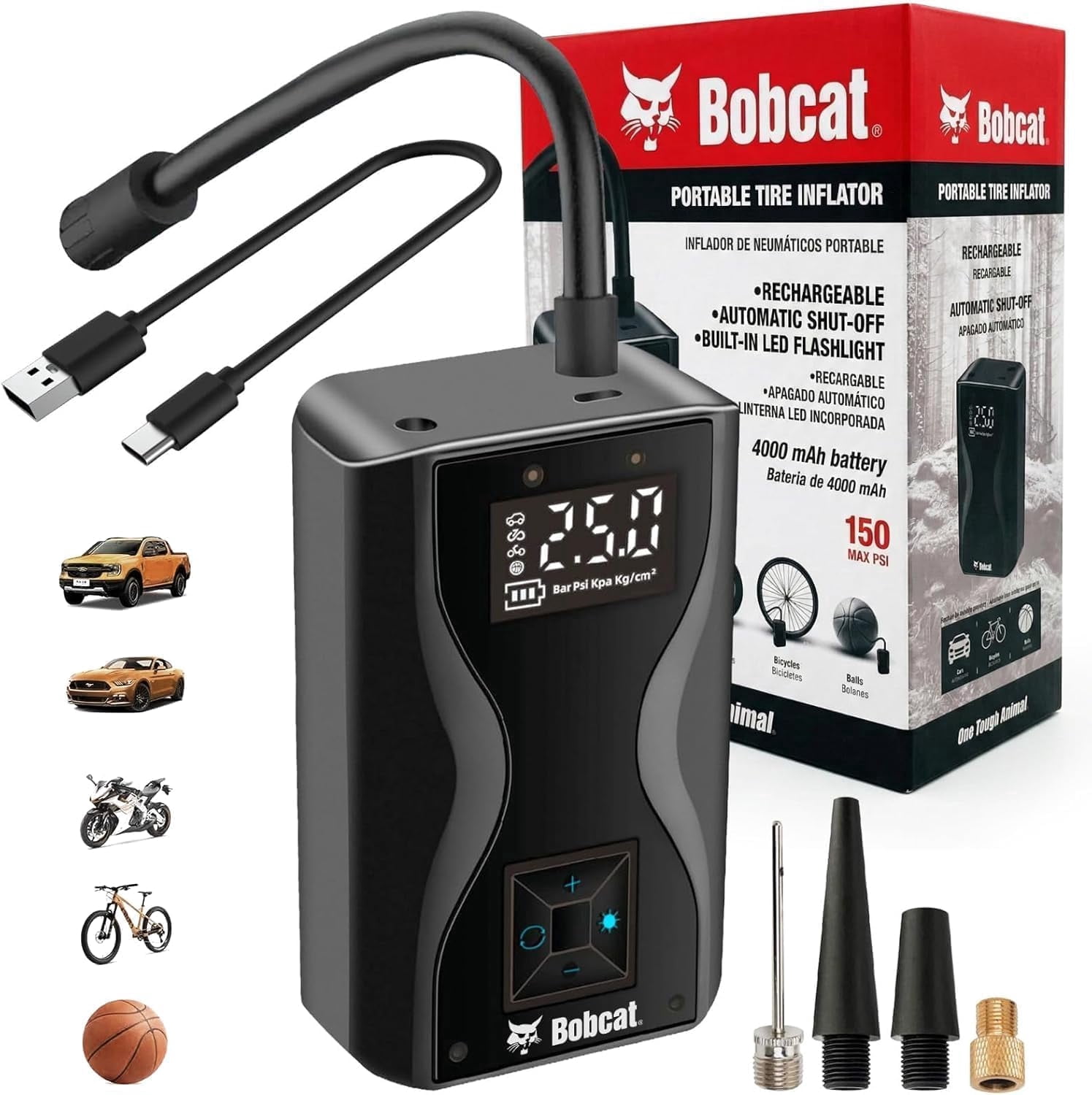 Bobcat Tire Inflator Portable Air Compressor 4000 mAh – 150 PSI Cordless Air Pump for Car Tires with Digital Pressure Gauge, Auto Shut-Off – Portable Air Pump for Car, Motorcycles, Bikes & Balls