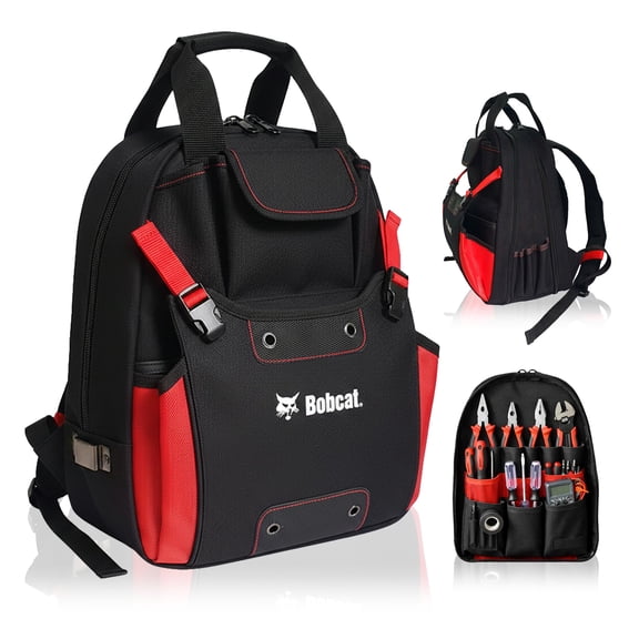 Bobcat Tool Backpack Heavy Duty Work Tool Bag with 24 Pockets ForTechnician,Havc, Maintenance-Electrician tool bag with Smart Storage Black/Red