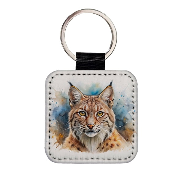 Bobcat Watercolor Design Faux Leather Square Keychain