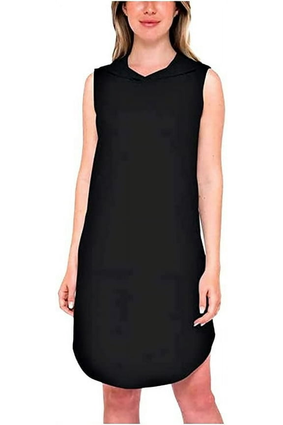 Women's Soft French Terry Hooded Sleeveless Dress (Black, Medium)
