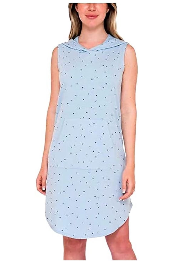 Bobeau Women's Soft French Terry Hooded Sleeveless Dress (Blue Tossed Star, L)