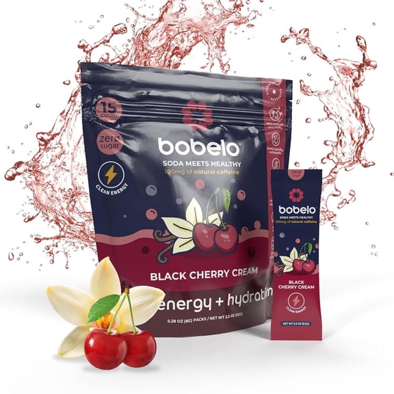 Bobelo Black Cherry Energy Drink Mix Powder, Caffeine Water Packets, Electrolytes, 15 Ct