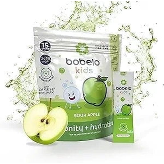 Bobelo Electrolyte Packets, Sour Apple, Powdered Drink Mix for Kids, Immuse Postbiotic, 0.23 oz, 15 Count