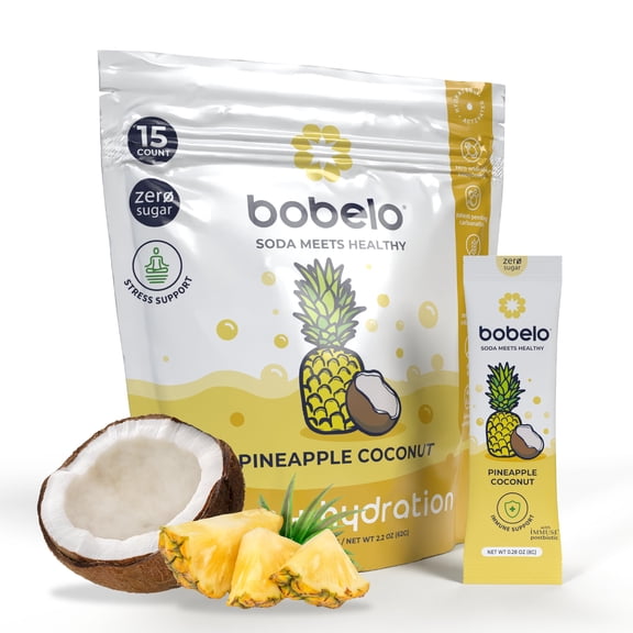 Bobelo Hydration Drink Mix, Pineapple Coconut, Electrolyte Powder, Stress Support, 15 Ct, 0.28 oz