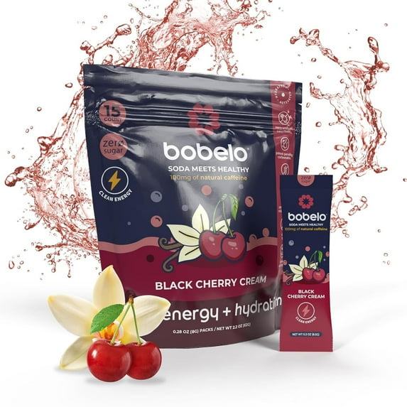 Bobelo Black Cherry Flavor Powdered Energy Drink Mix with 100mg Caffeine, 15 Counts, 0.3 oz