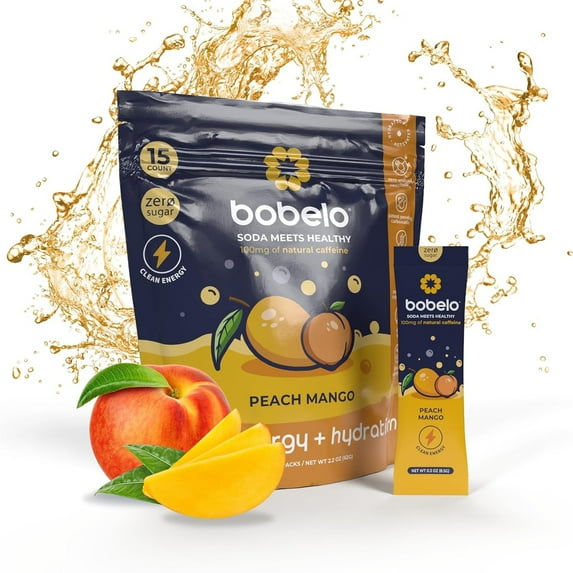 Bobelo Peach Mango Flavor Powdered Energy Drink Mix with 100mg Caffeine, 15 Servings, 0.3 oz