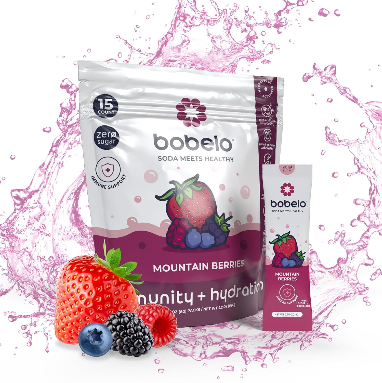 Bobelo Hydration Powder Packets, Mountain Berry, Immune Support Drink Mix, on-The-Go, 0.28 oz, 15 Ct