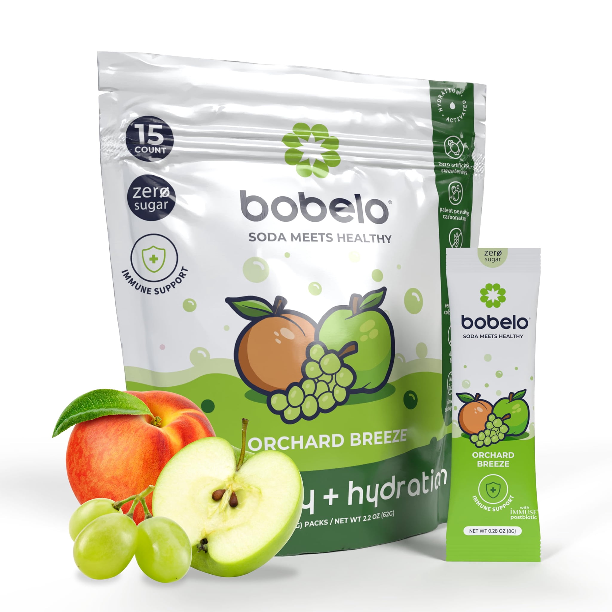 Bobelo Self Carbonating Hydration Powder, Orchard Breeze Flavor, Immune Support, 0.28 oz, 15 Count