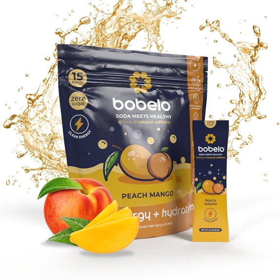 Bobelo Peach Mango Energy Drink Mix Powder, 100mg Caffeine Water Packets, 15 Ct