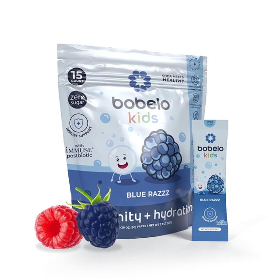 Bobelo Blue Razz, Electrolyte Powdered Drink Mix for Kids with Immuse Postbiotic,, 0.23 oz, 15 Ct