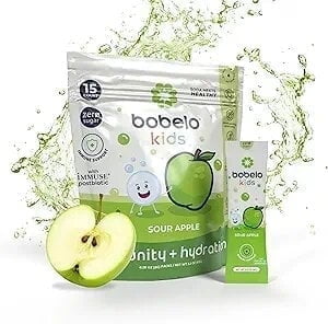 Bobelo Electrolyte Packets, Sour Apple, Powdered Drink Mix for Kids, Immuse Postbiotic, 0.23 oz, 15 Count