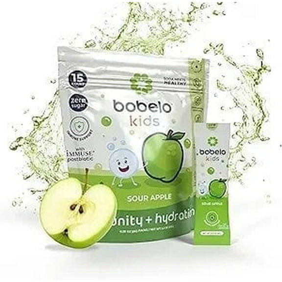 Bobelo Electrolyte Packets, Sour Apple, Powdered Drink Mix for Kids, Immuse Postbiotic, 0.23 oz, 15 Count