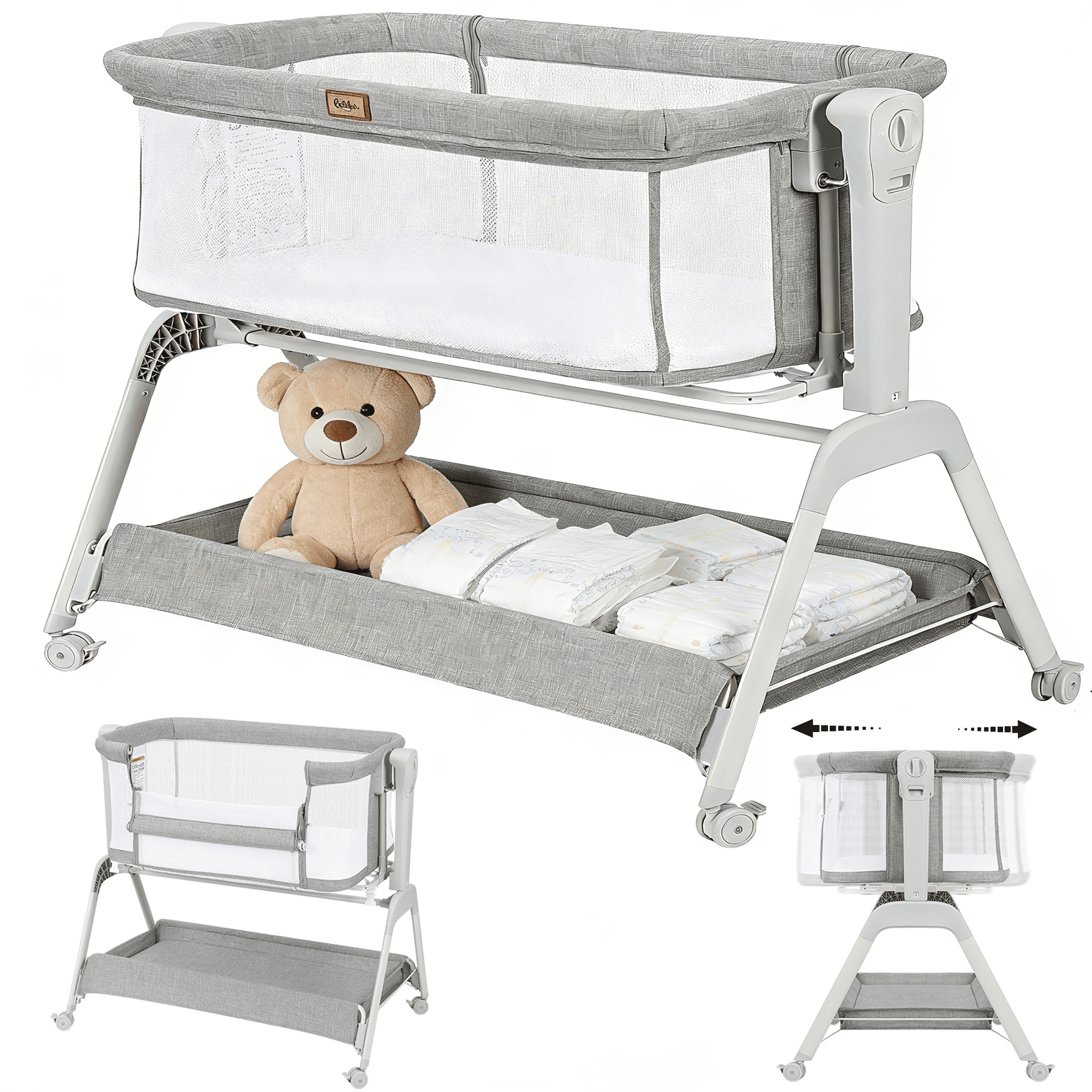 Walmart exclusive discounts  Baby Bassinet, Bobiber 3-in-1 Baby Bassinet Bedside Sleeper with Rocking and Adjustable Height, Storage Basket, Wheels, for 0-24 Months, Grey
