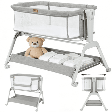 Baby Bassinet, Bobiber 3-in-1 Baby Bassinet Bedside Sleeper with Rocking and Adjustable Height, Storage Basket, Wheels, for 0-24 Months, Grey