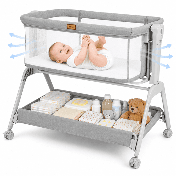 Baby Bassinet, Bobiber 3-in-1 Baby Bassinet Bedside Sleeper with Rocking and Adjustable Height, Storage Basket, Wheels, for 0-24 Months, Grey