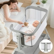 Baby Bassinet, Bobiber 3-in-1 Baby Bassinet Bedside Sleeper with Rocking and Adjustable Height, Storage Basket, Wheels, for 0-24 Months, Grey